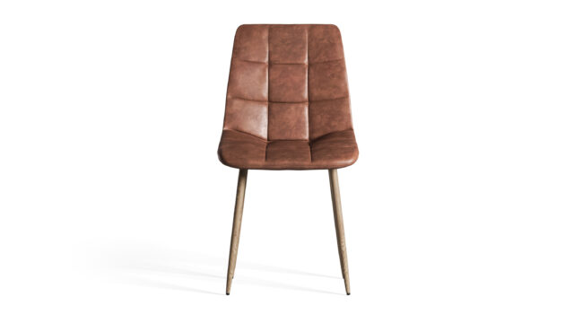 Modern Dining Chair – Brown Vegan Leather And Faux Wood Metal Legs, Wolfgang