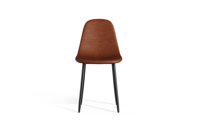 Modern Dining Chair – Brown Vegan Leather And Black Metal Legs, Evdano
